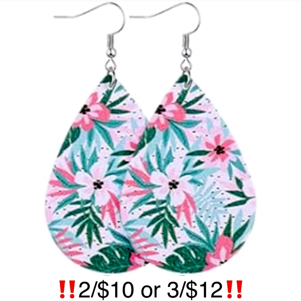 Tropical Floral Palm Leaf Faux Leather French Wire Summer Earrings Pink & Green